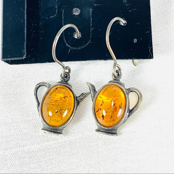 Amber teapot dangle sterling earrings - Picture 3 of 9